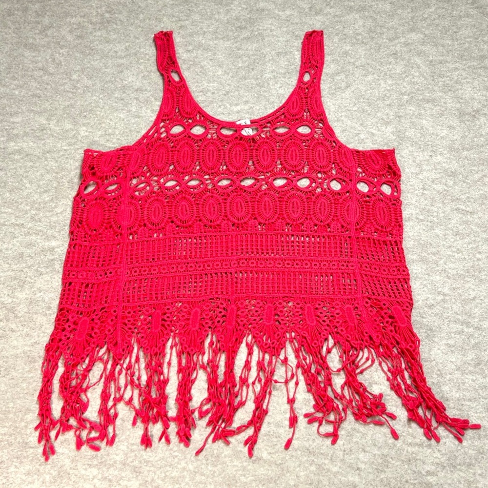 Boutique Crochet Lace Fringe Tank Top Pink Boho Festival One Size Festival EUC